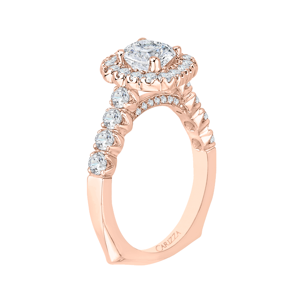 Cushion Cut Diamond Halo Engagement Ring with Band in 14K Rose Gold (Semi-Mount)