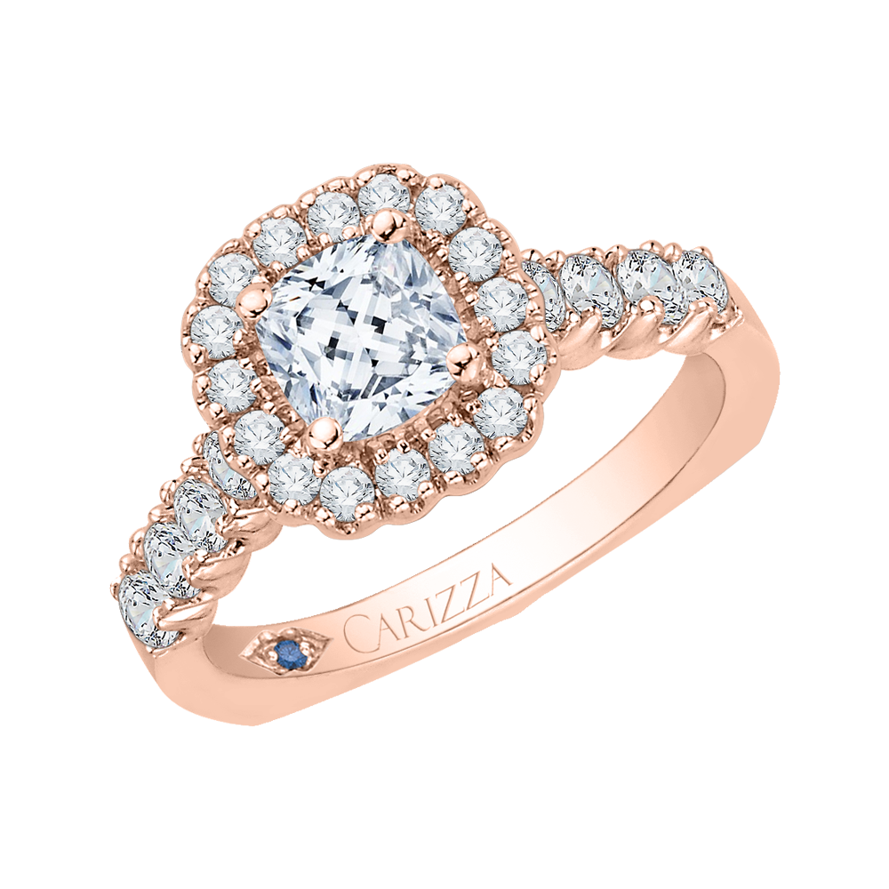 Cushion Cut Diamond Halo Engagement Ring with Band in 14K Rose Gold (Semi-Mount)