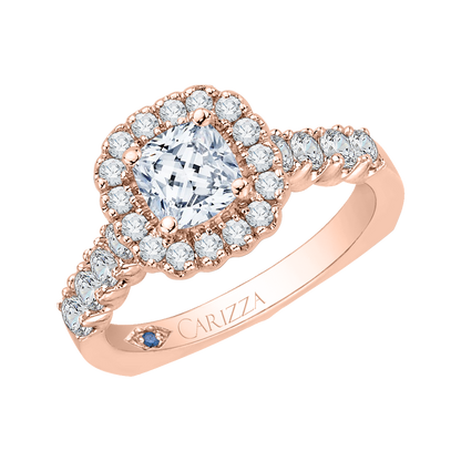 Cushion Cut Diamond Halo Engagement Ring with Band in 14K Rose Gold (Semi-Mount)