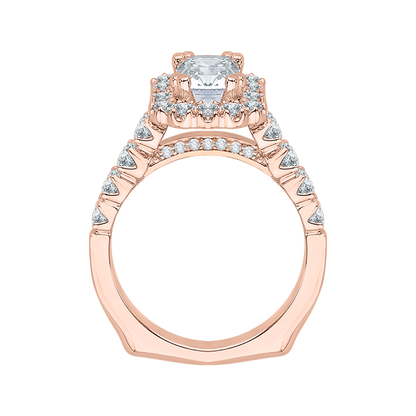 Cushion Cut Diamond Halo Engagement Ring with Band in 14K Rose Gold (Semi-Mount)