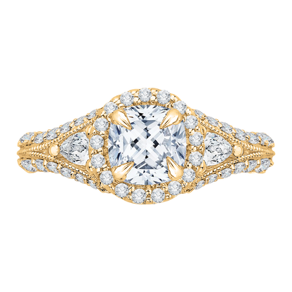 Cushion Cut Split Shank Diamond Halo Engagement Ring in 14K Yellow Gold (Semi-Mount)