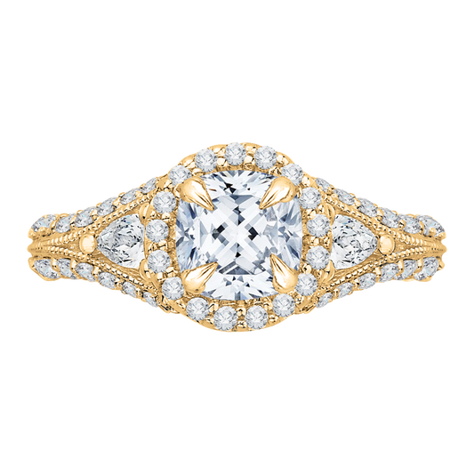 Cushion Cut Split Shank Diamond Halo Engagement Ring in 14K Yellow Gold (Semi-Mount)