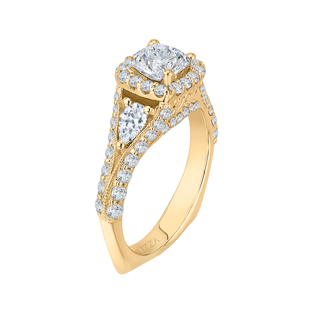 Cushion Cut Split Shank Diamond Halo Engagement Ring in 14K Yellow Gold (Semi-Mount)