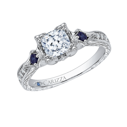 Cushion Cut Diamond Engagement Ring with Sapphire in 14K White Gold (Semi-Mount)