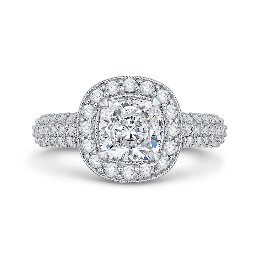 Cushion Cut Diamond Halo Cathedral Style Engagement Ring in 14K White Gold (Semi-Mount)