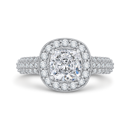 Cushion Cut Diamond Halo Cathedral Style Engagement Ring in 14K White Gold (Semi-Mount)