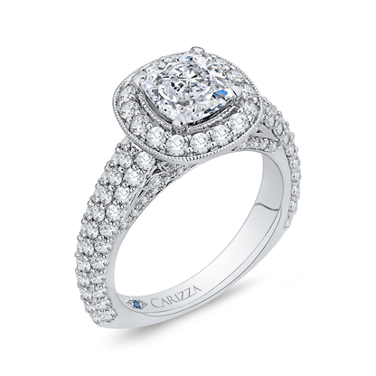 Cushion Cut Diamond Halo Cathedral Style Engagement Ring in 14K White Gold (Semi-Mount)