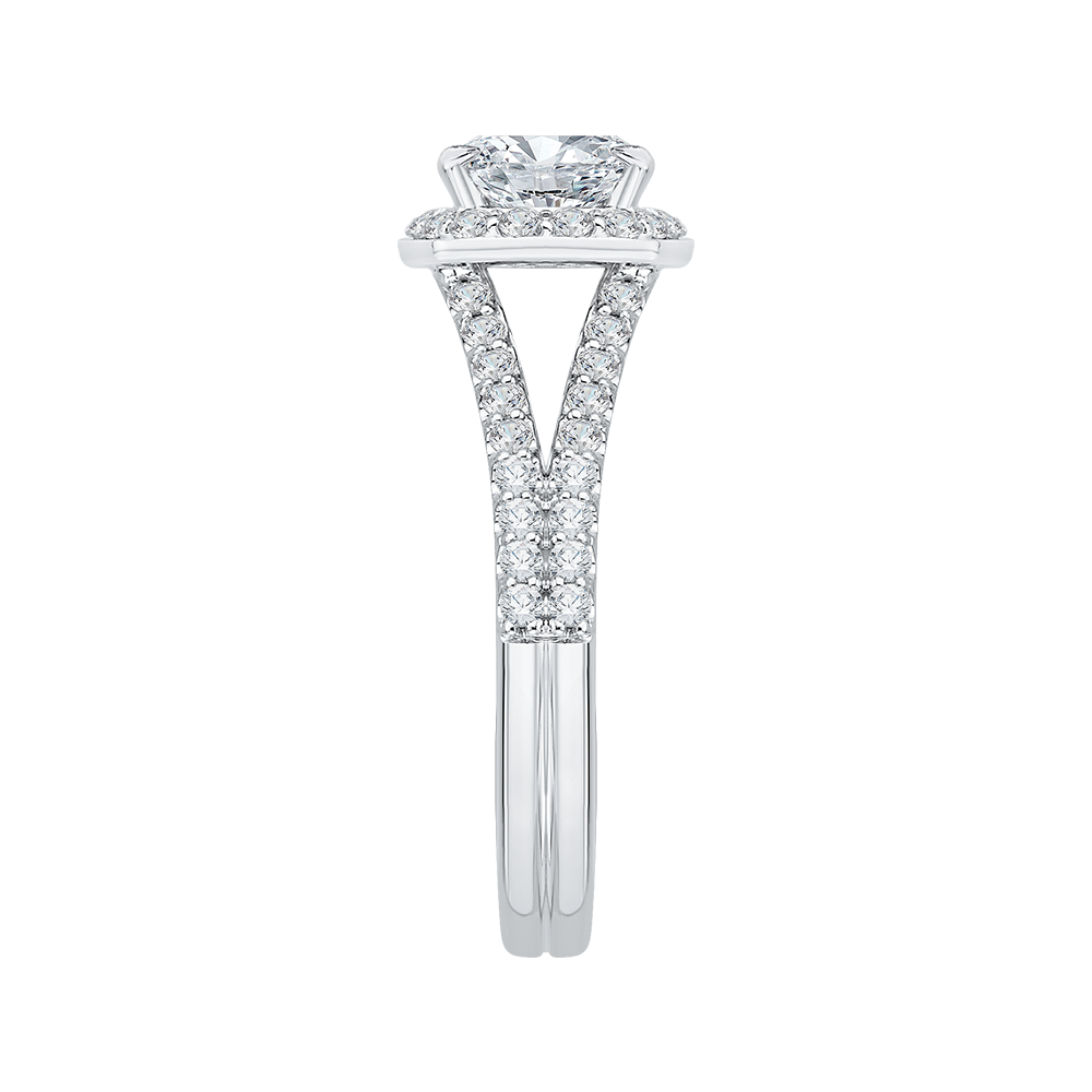 Split Shank Cushion Cut Diamond Halo Engagement Ring in 14K White Gold (Semi-Mount)