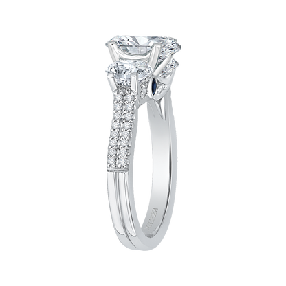 Cushion Cut Diamond with Sapphire Three-Stone Cathedral Style Engagement Ring in 14K White Gold (Semi-Mount)