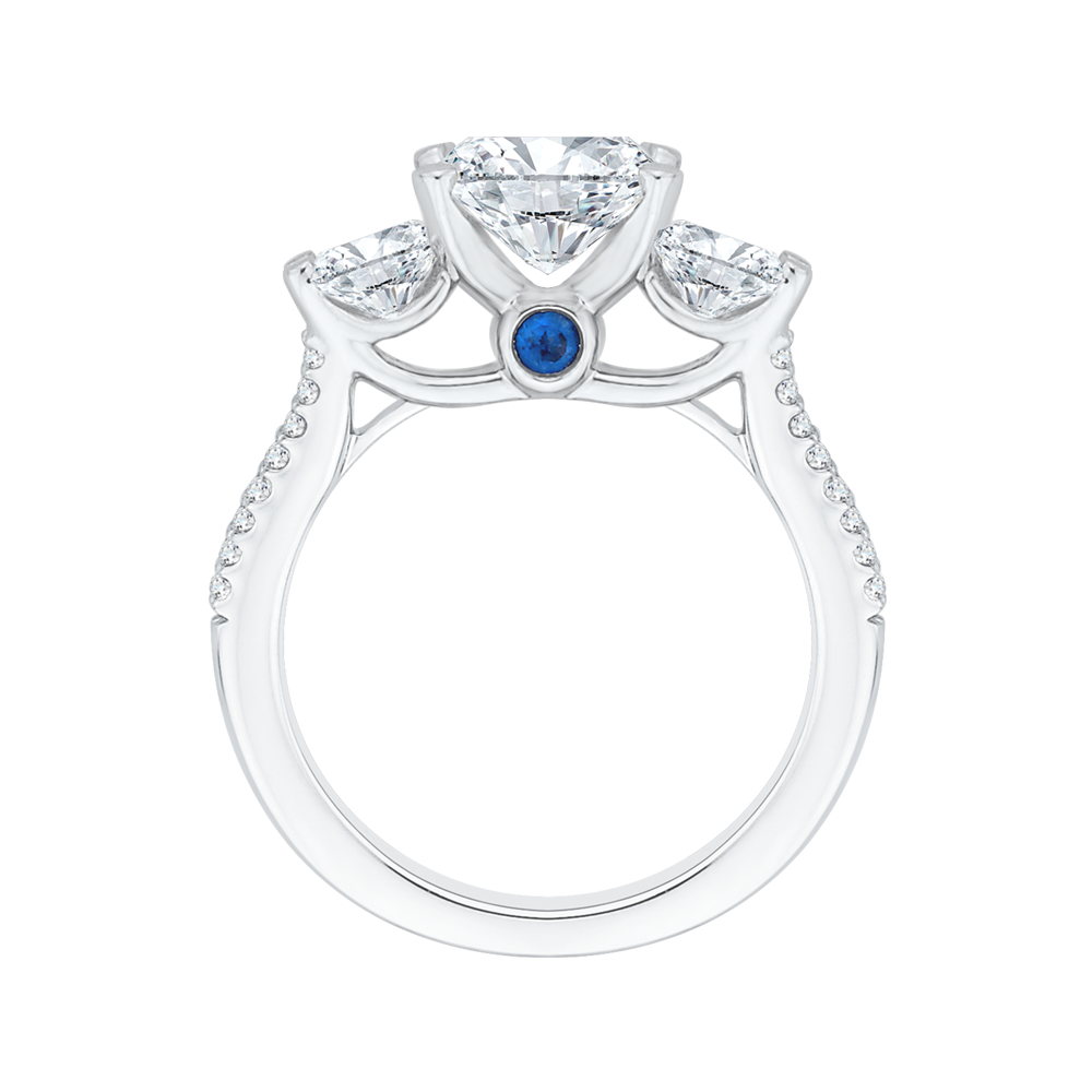 Cushion Cut Diamond with Sapphire Three-Stone Cathedral Style Engagement Ring in 14K White Gold (Semi-Mount)