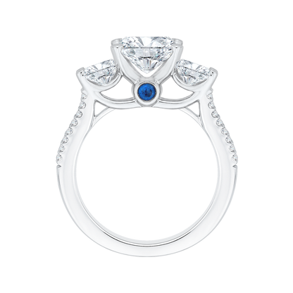 Cushion Cut Diamond with Sapphire Three-Stone Cathedral Style Engagement Ring in 14K White Gold (Semi-Mount)