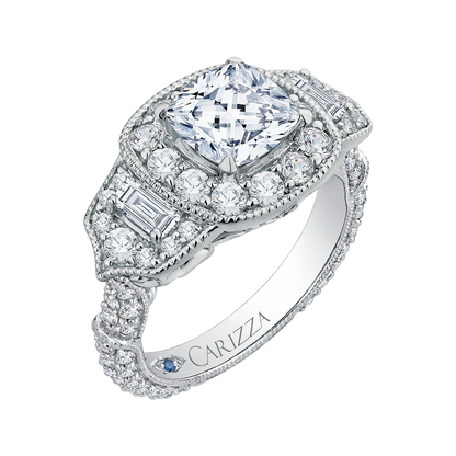 Cushion Cut Diamond Halo Engagement Ring in 14K White Gold (Semi-Mount)