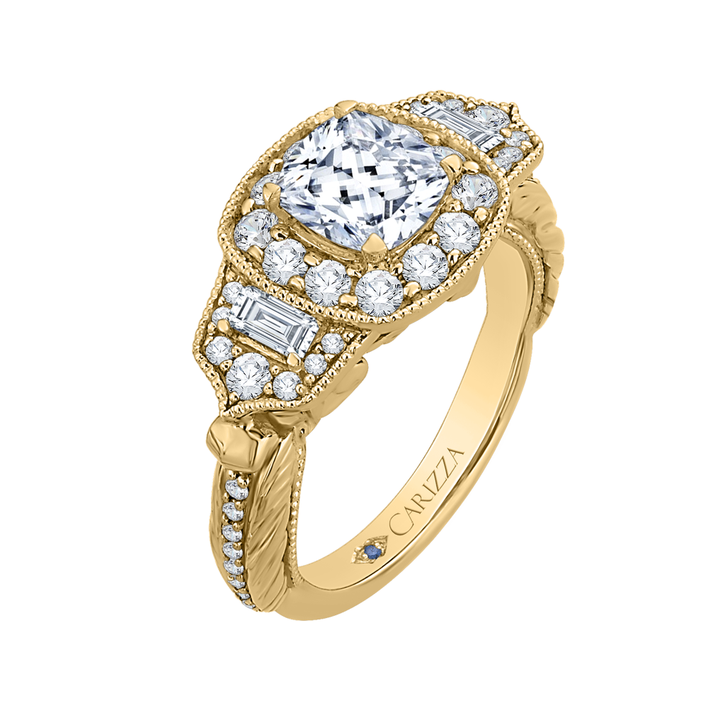 Cushion Cut Diamond Halo Vintage Engagement Ring in 14K Yellow Gold (Semi-Mount)