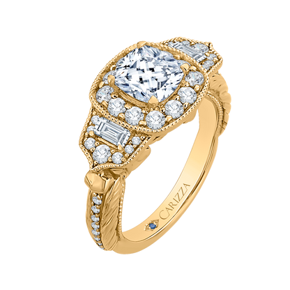 Cushion Cut Diamond Halo Vintage Engagement Ring in 14K Yellow Gold (Semi-Mount)