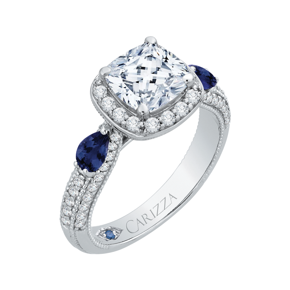 Cushion Cut Diamond Halo Engagement Ring with Sapphire in 14K White Gold (Semi-Mount)