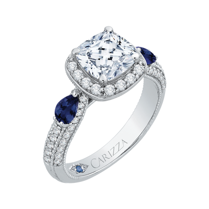 Cushion Cut Diamond Halo Engagement Ring with Sapphire in 14K White Gold (Semi-Mount)