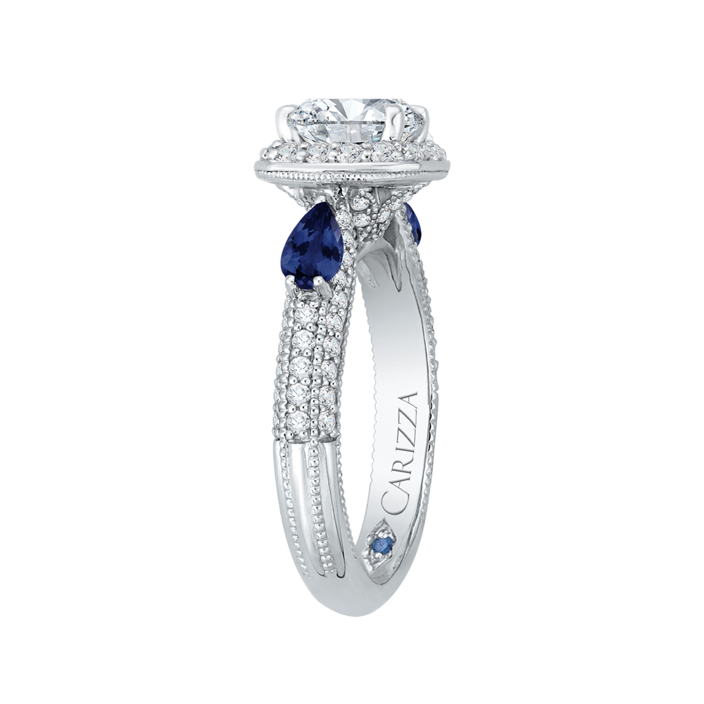 Cushion Cut Diamond Halo Engagement Ring with Sapphire in 14K White Gold (Semi-Mount)