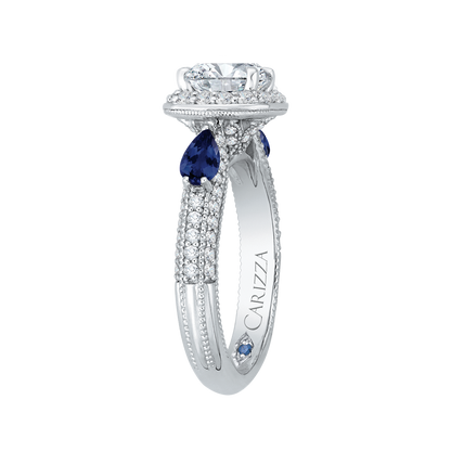 Cushion Cut Diamond Halo Engagement Ring with Sapphire in 14K White Gold (Semi-Mount)