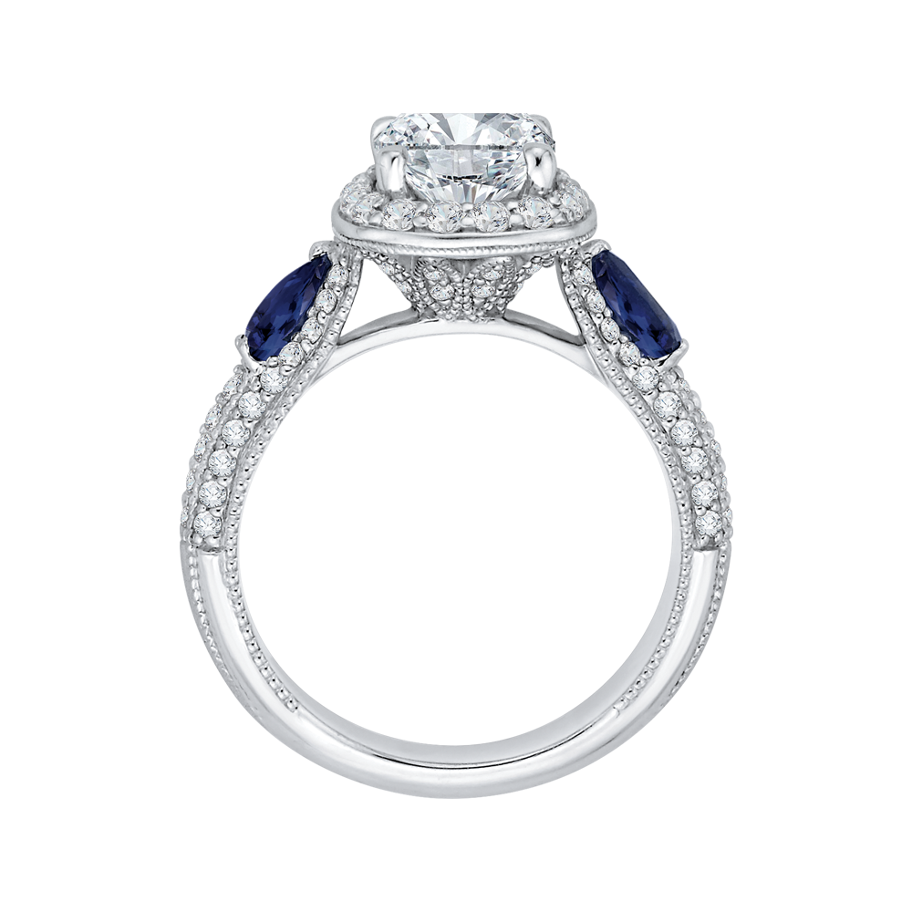 Cushion Cut Diamond Halo Engagement Ring with Sapphire in 14K White Gold (Semi-Mount)