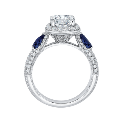 Cushion Cut Diamond Halo Engagement Ring with Sapphire in 14K White Gold (Semi-Mount)