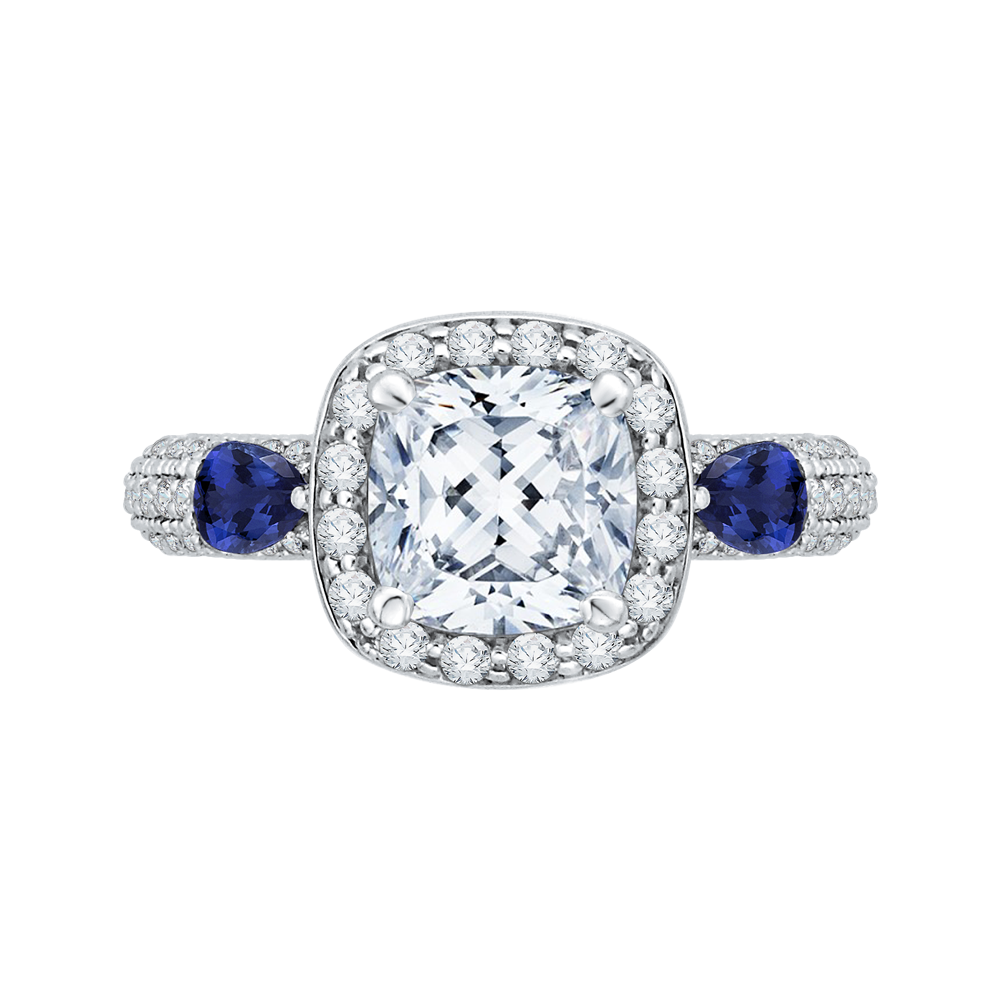 Cushion Cut Diamond Halo Engagement Ring with Sapphire in 14K White Gold (Semi-Mount)