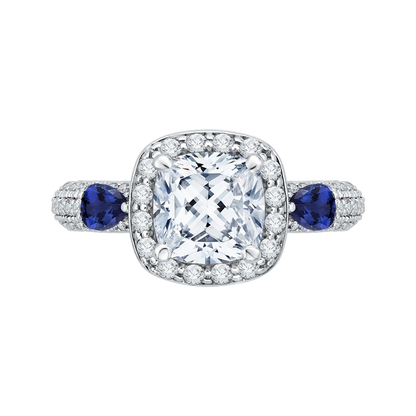 Cushion Cut Diamond Halo Engagement Ring with Sapphire in 14K White Gold (Semi-Mount)