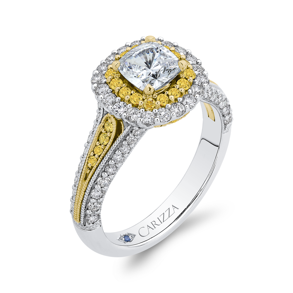 Split Shank Cushion Cut Diamond Double Halo Engagement Ring in 14K Two Tone Gold (Semi-Mount)