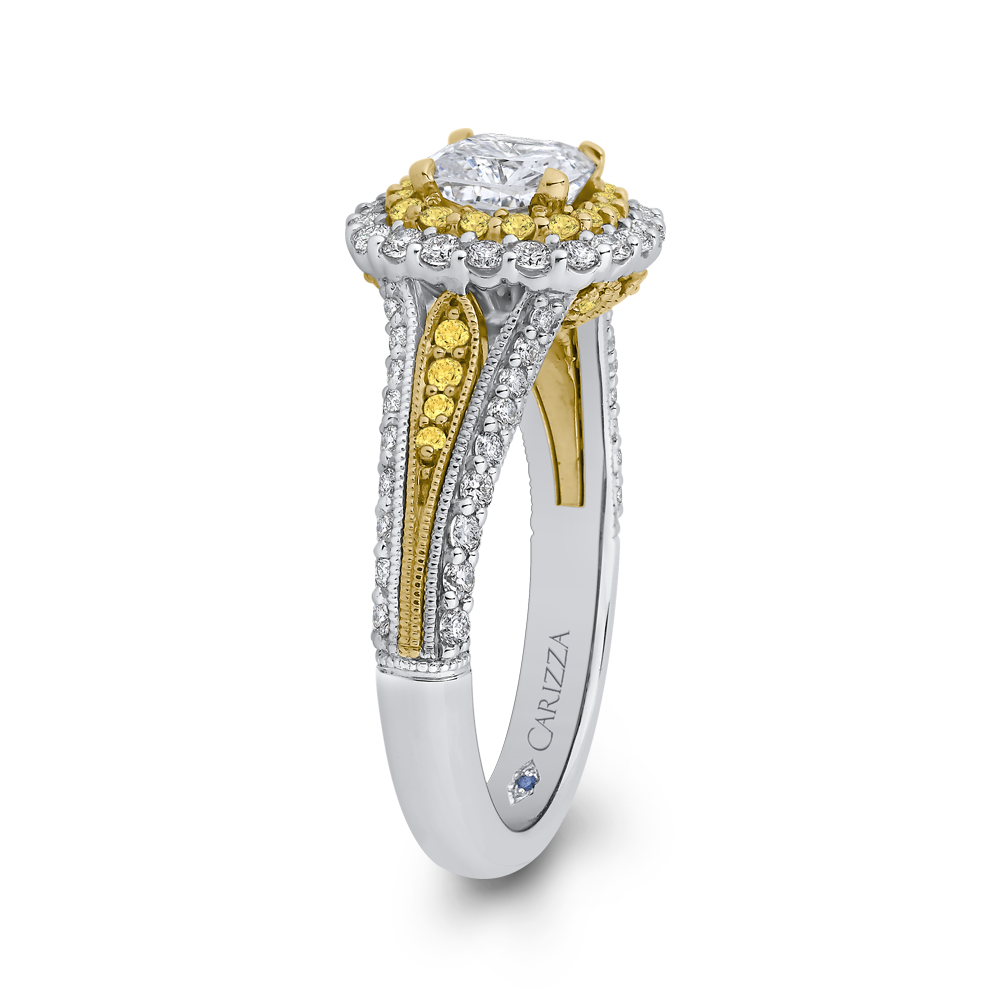 Split Shank Cushion Cut Diamond Double Halo Engagement Ring in 14K Two Tone Gold (Semi-Mount)