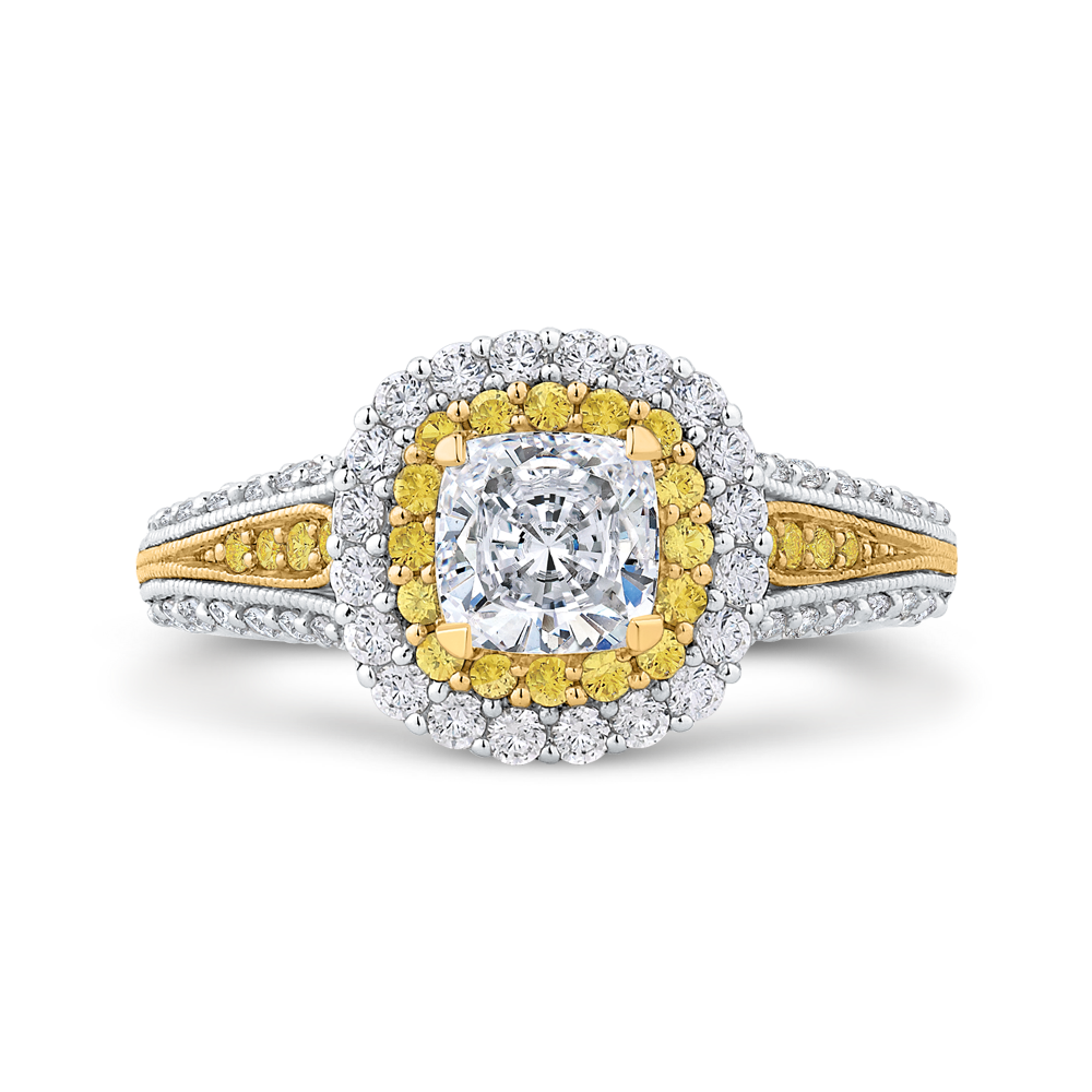 Split Shank Cushion Cut Diamond Double Halo Engagement Ring in 14K Two Tone Gold (Semi-Mount)