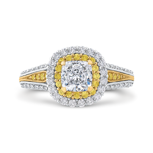 Split Shank Cushion Cut Diamond Double Halo Engagement Ring in 14K Two Tone Gold (Semi-Mount)