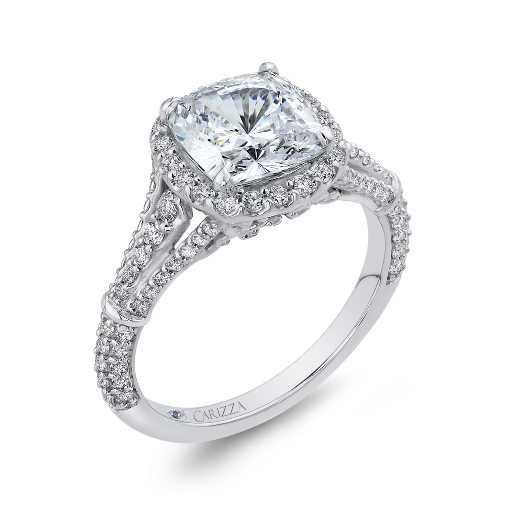 Split Shank Cushion Cut Diamond Halo Engagement Ring in 14K White Gold (Semi-Mount)