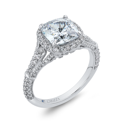 Split Shank Cushion Cut Diamond Halo Engagement Ring in 14K White Gold (Semi-Mount)