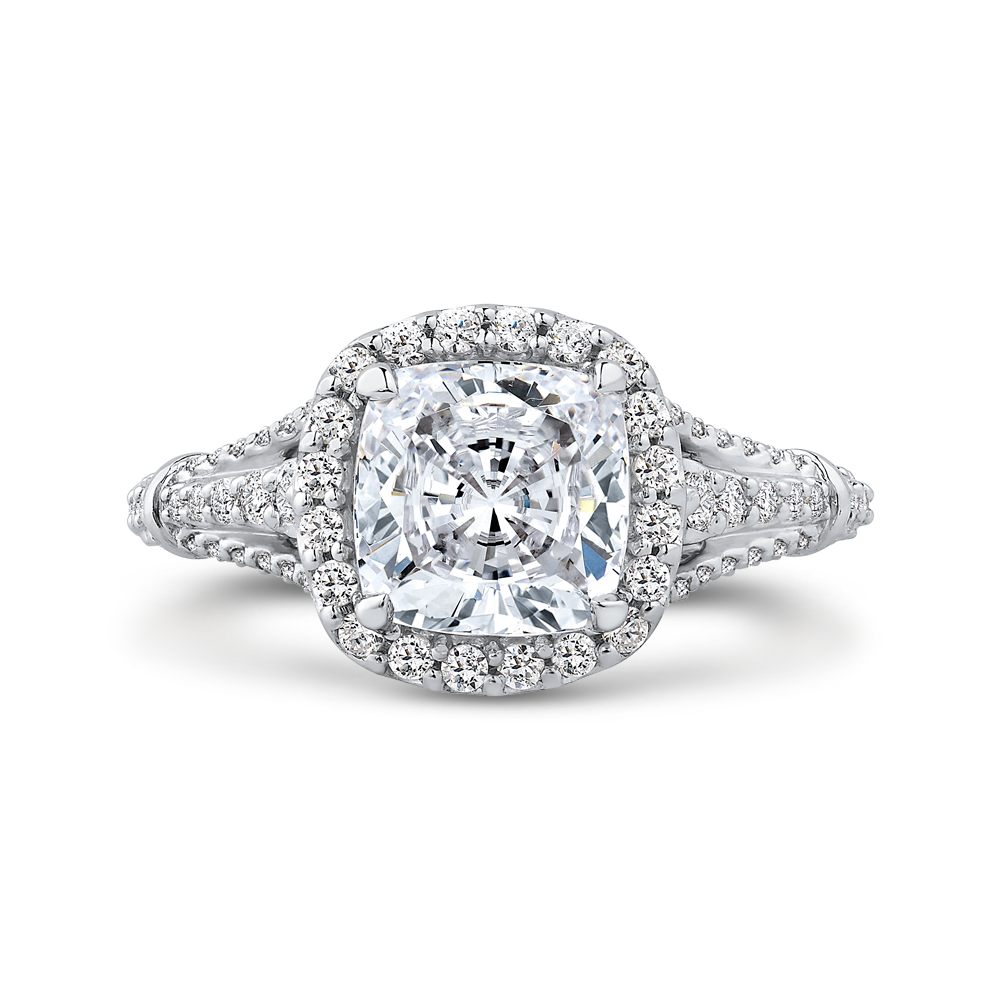 Split Shank Cushion Cut Diamond Halo Engagement Ring in 14K White Gold (Semi-Mount)