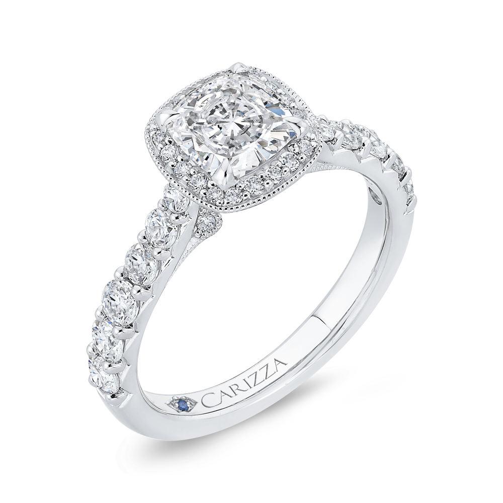 Cushion Cut Diamond Halo Engagement Ring in 14K White Gold (Semi-Mount)