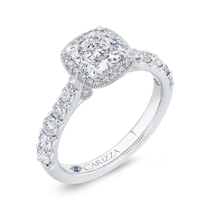 Cushion Cut Diamond Halo Engagement Ring in 14K White Gold (Semi-Mount)