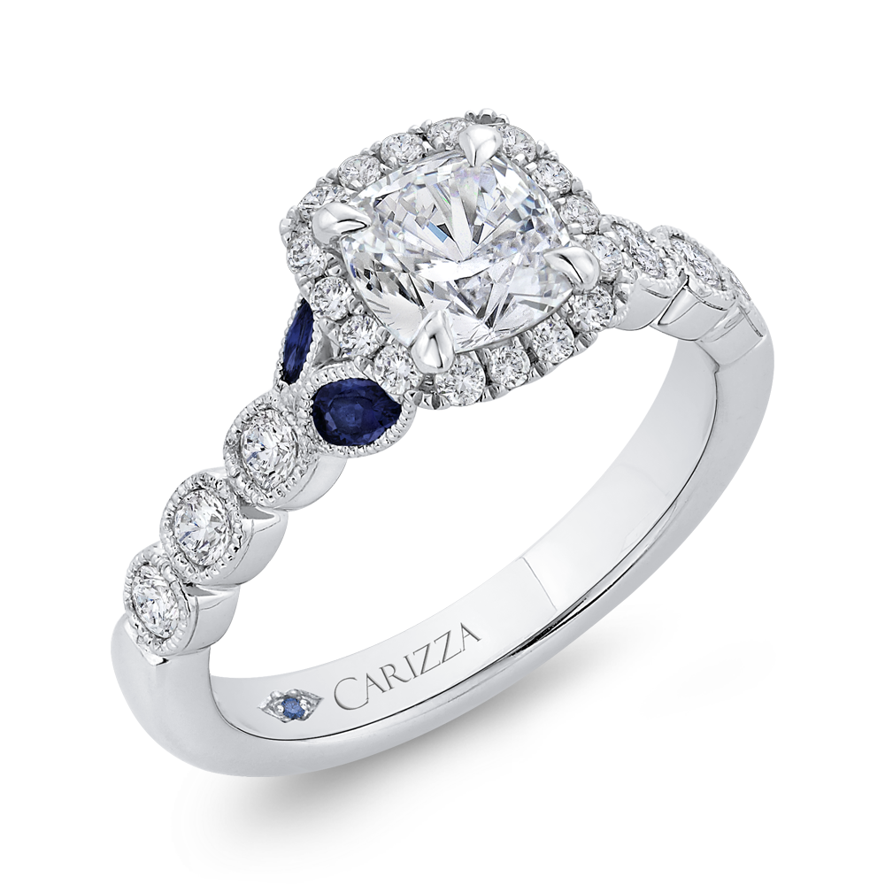 Cushion Cut Diamond Halo Engagement Ring with Sapphire in 14K White Gold (Semi-Mount)