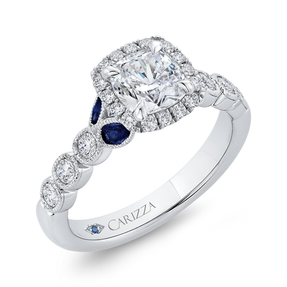 Cushion Cut Diamond Halo Engagement Ring with Sapphire in 14K White Gold (Semi-Mount)