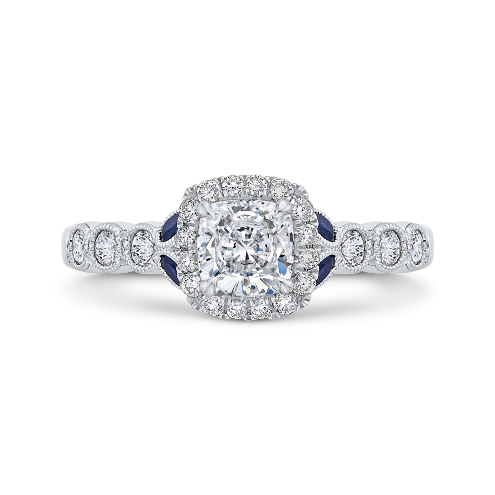 Cushion Cut Diamond Halo Engagement Ring with Sapphire in 14K White Gold (Semi-Mount)