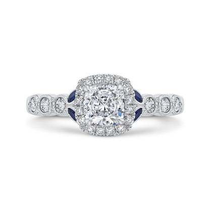 Cushion Cut Diamond Halo Engagement Ring with Sapphire in 14K White Gold (Semi-Mount)