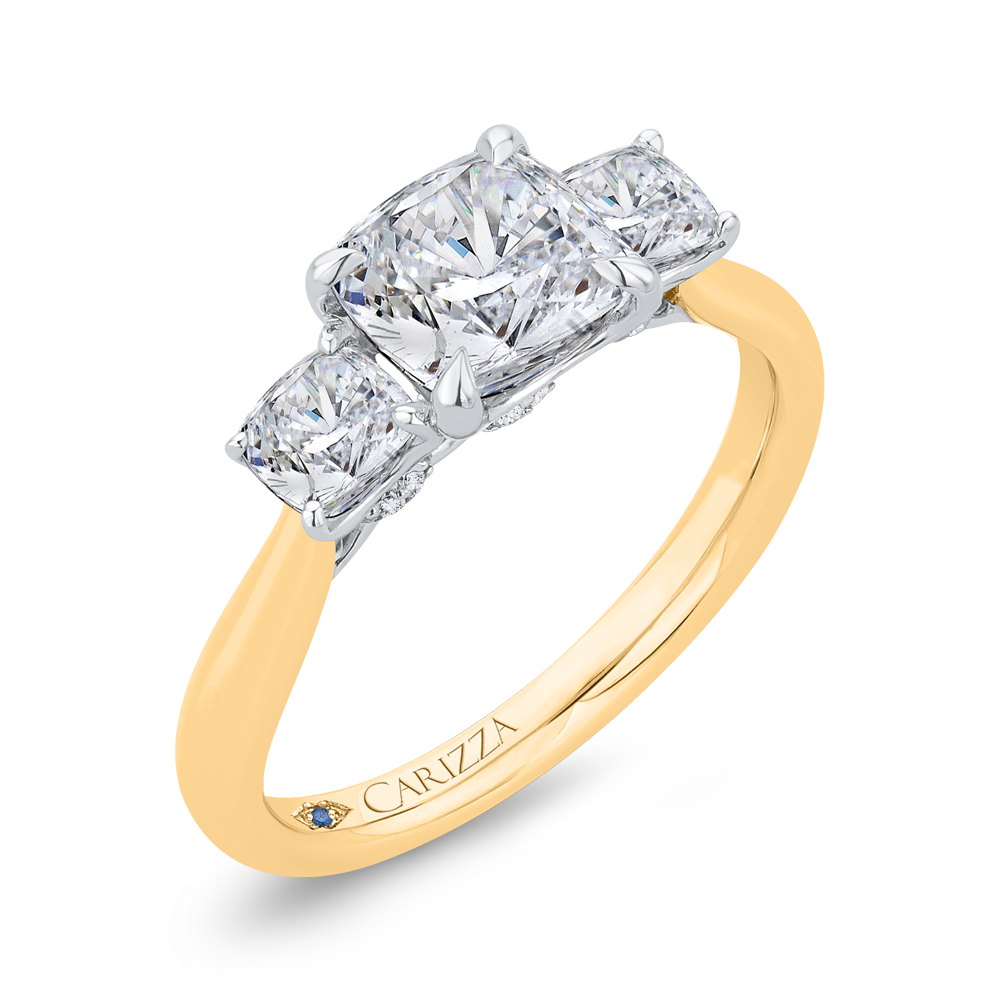 Cushion Cut Diamond Three-Stone Plus Engagement Ring with Round Shank in 14K Two Tone Gold (Semi-Mount)