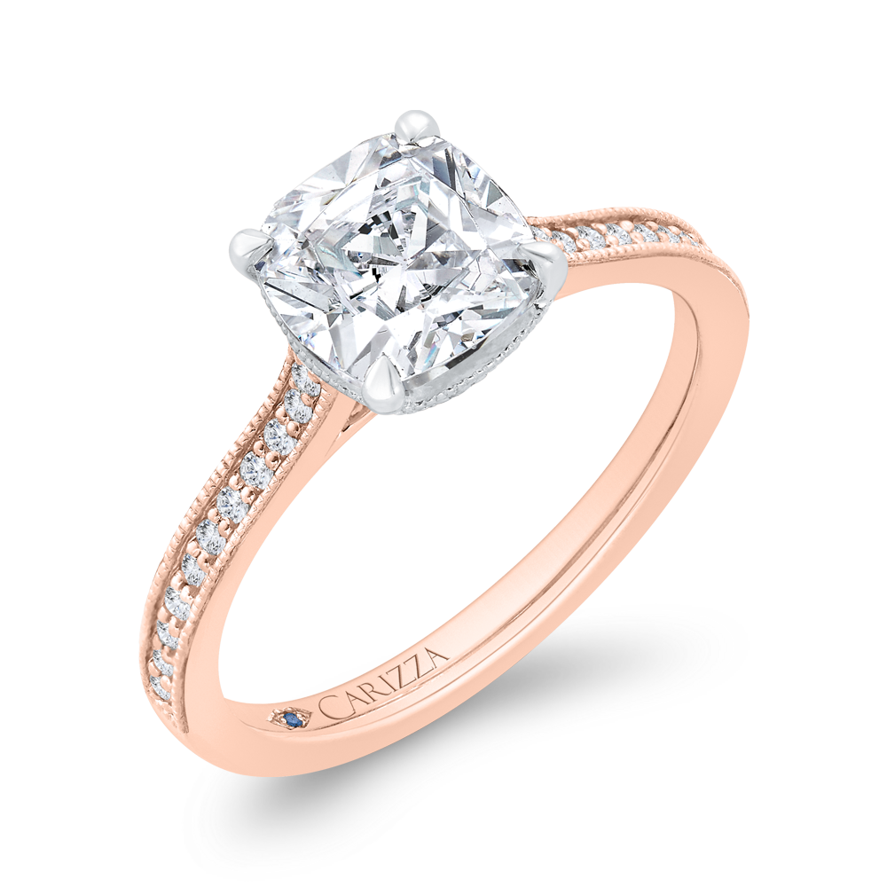 14K Two Tone Gold Cushion Cut Diamond Engagement Ring (Semi-Mount)