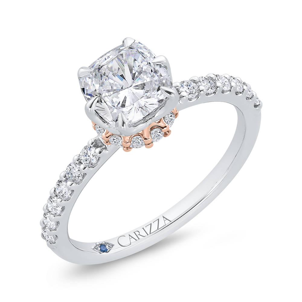 14K Two Tone Gold Cushion Cut Diamond Engagement Ring (Semi-Mount)
