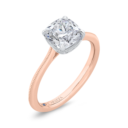 14K Two Tone Gold Cushion Cut Diamond Solitaire Engagement Ring (Semi-Mount)