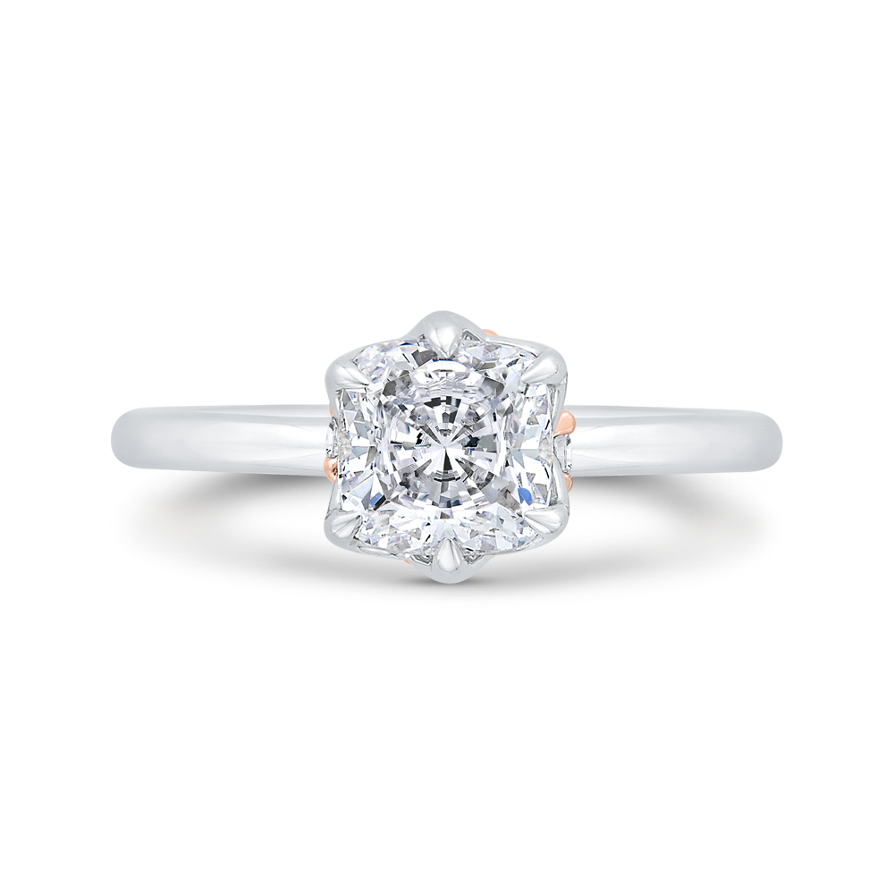 14K Two Tone Gold Cushion Cut Diamond Solitaire Engagement Ring (Semi-Mount)