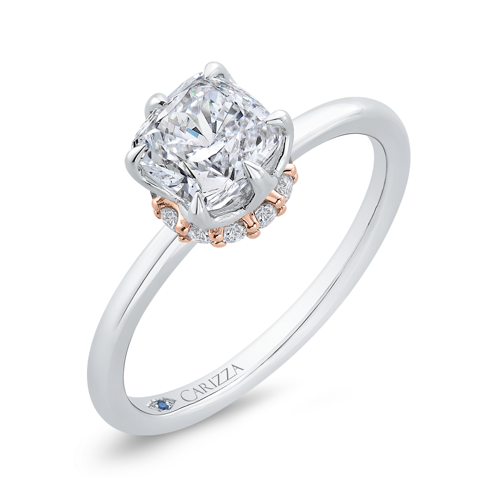 14K Two Tone Gold Cushion Cut Diamond Solitaire Engagement Ring (Semi-Mount)