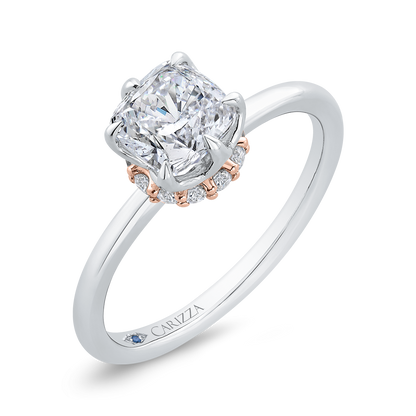 14K Two Tone Gold Cushion Cut Diamond Solitaire Engagement Ring (Semi-Mount)