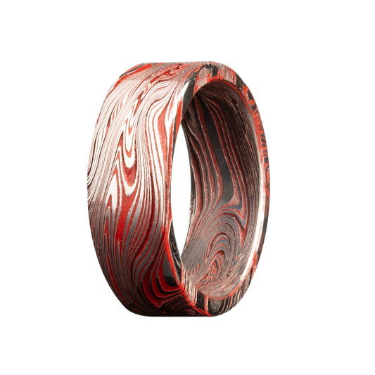 Damascus Comfort Fit Ring with Red Cerakote