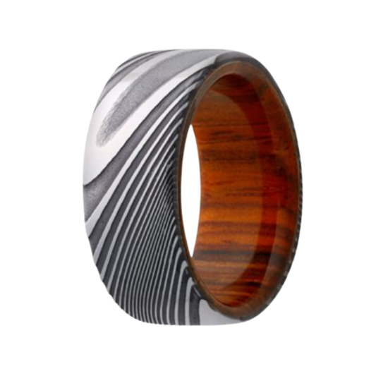 Damascus Steel Ring with Cocobolo Wood Sleeve
