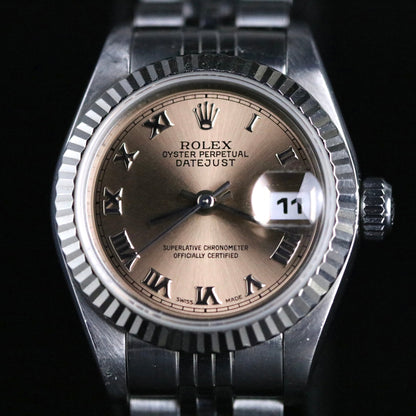 1997 Rolex 69174 Datejust 26mm Pink Roman Dial White Gold Bezel with Box & Papers