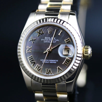 2001 Rolex 179175 Datejust 26mm 18K Rose Gold Black MOP Dial with Box & Papers